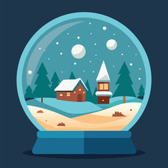 Stylized Winter Snow Globe Scene with Cabin and Trees on Blue Background