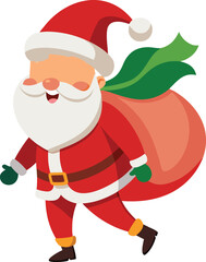 Happy Santa Claus carrying a big bag full of Christmas presents