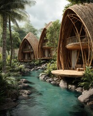 Serene Tropical Eco-Lodges Nestled Beside a Tranquil Turquoise River Amidst Lush Jungle.