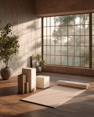 Serene Yoga Sanctuary Bathed in Morning Sunlight Through a Large Industrial Window.