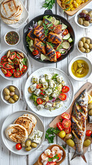 Flat lay of Mediterranean dishes including dips, olives, and grilled specialties. Generative AI