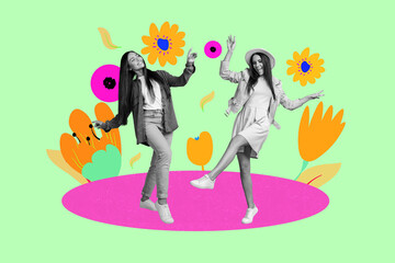 Collage with funny people among colorful flowers symbolizing family parentship friendship love dating romance relationships