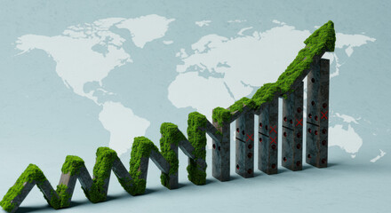 Green organic growth chart showing upward trend with global map background