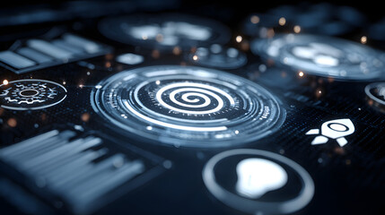 Detailed futuristic digital interface displaying glowing circular symbols and data visualization elements, showcasing technology and innovation, presented in a dark, modern setting with subtle...