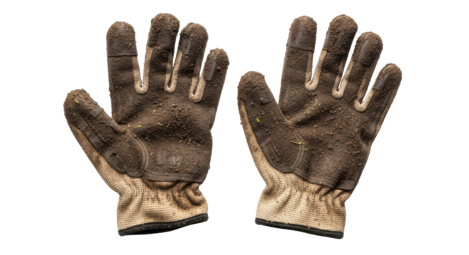 Pair of well-worn work gloves isolated PNG with Transparent Background