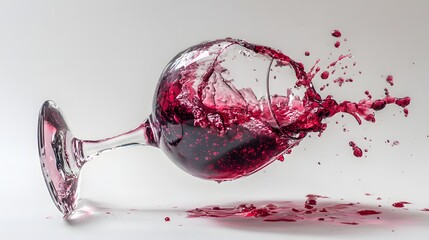 An overturned glass of crimson liquid creates a dynamic splash, with droplets and spilled contents dramatically displayed against a plain white background, showcasing vibrant color contrast.