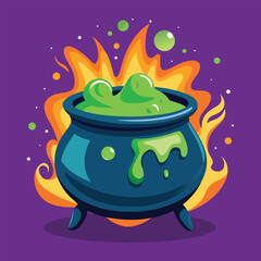 Cartoon Halloween witch's cauldron, bubbling potion, with flames and purple background