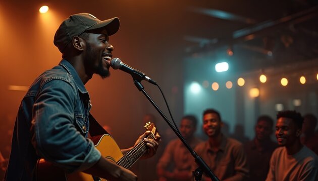 Man plays guitar and sings into microphone at cafe stage. Audience watches performer during music show with warm lighting. Live concert event.