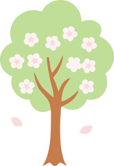 Cartoon spring tree with pastel flowers and falling petals, simple illustration