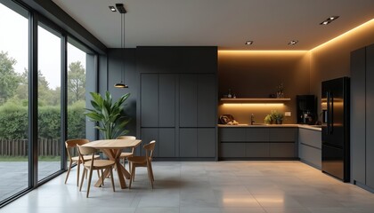 Fototapeta premium Modern minimalist kitchen features dark grey walls, light tiled floor. Wooden dining table, chairs sit near large window with green plants outside. Sleek cabinets, black refrigerator complete space.