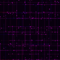 Abstract digital background with bright multicolored lines and dots on a dark background. Vector illustration resembles an electrical circuit or glowing connections in virtual space.