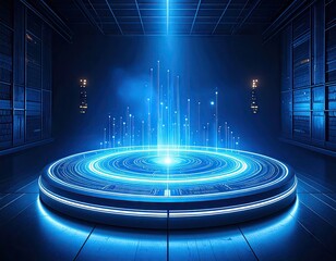 Futuristic Platform with Glowing Blue Light and Data Streams in a Dark Room with Server Racks