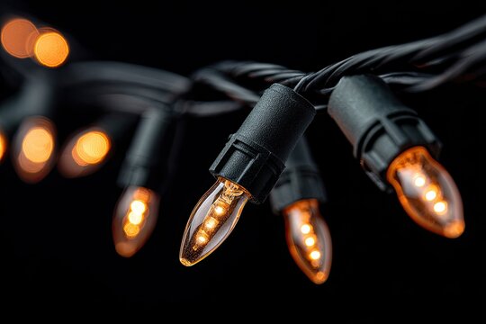 Warm, amber fairy lights on black wire against a dark background