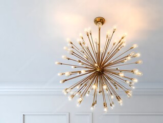 Retro starburst warm gold lighting fixture against a white wall.