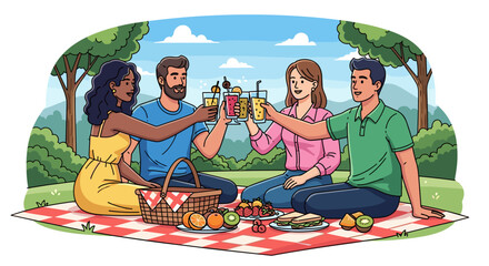 Illustration of friends enjoying picnic in park with drinks and food on blanket for outdoor recreation