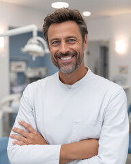 Naklejka premium Dentist smiles warmly in modern clinic setting while offering patient care