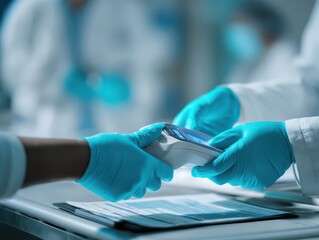 Medical professionals exchanging a smartphone in a clinical setting  