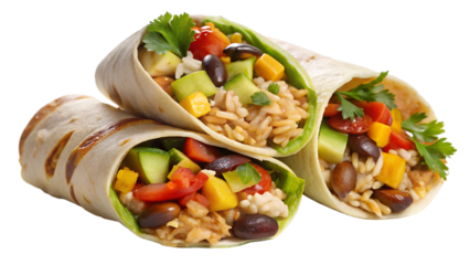 Three tasty burritos with fresh ingredients isolated on transparent background, a quick and easy meal for a busy day, perfect for takeout