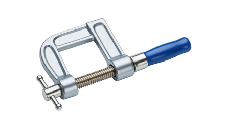 Metal C-clamp tool with blue handle isolated PNG with Transparent Background