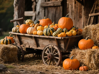 a collection of pumpkin types on an old wooden cart