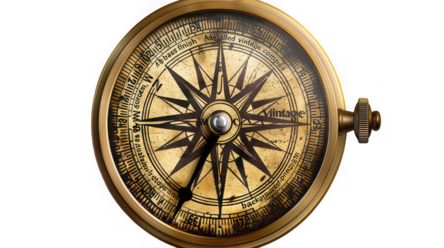 A detailed vintage compass with a brass finish and a star shaped needle on a black background