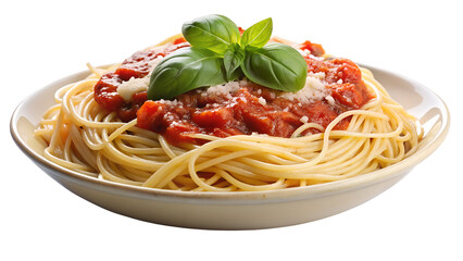 Delicious spaghetti with tomato sauce isolated on transparent background, topped with fresh basil and parmesan cheese, a classic italian dish