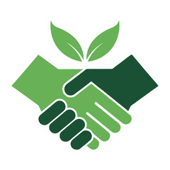 Green handshake with leaves symbolizing partnership and growth agreement business