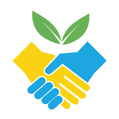 Yellow and blue hands shaking with green leaves above handshake agreement