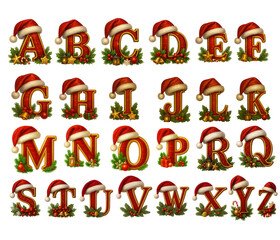 Christmas alphabet red and gold letters with Santa hat. Festive holiday font A to Z. Decorative abc illustration for Christmas design, greeting cards, posters, and seasonal projects.