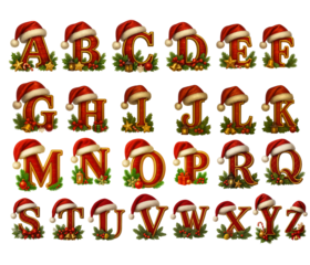 Christmas alphabet red and gold letters with Santa hat. Festive holiday font A to Z. Decorative abc illustration for Christmas design, greeting cards, posters, and seasonal projects.