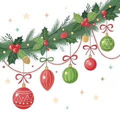 Christmas Garland with Ornaments, Berries and Bows ,Holiday ,Festive