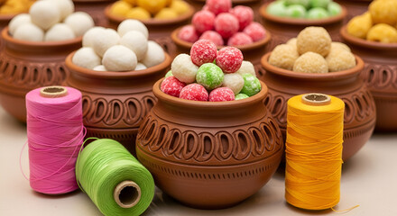 Indian festival makar sankranti concept, Sesame seed ball or til ke laddo with Kite String