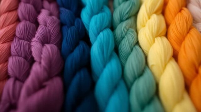 Colorful braided yarn threads rainbow spectrum knitting or sewing concept