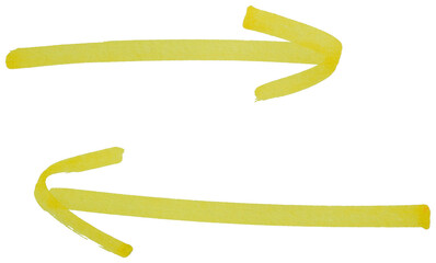 Hand drawn yellow arrow sketch with marker brush stroke, abstract ink pointer symbol for direction, business design, doodle icon, simple isolated sign element on transparent background