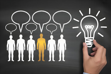 chalkboard style, minimalist design, human silhouettes, one person highlighted, light bulb icon, speech bubbles, grayscale background