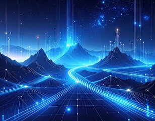 Futuristic Digital Landscape with Glowing Data Streams Over Mountains and Road in Blue Tones with Starry Sky a Technology Illustration