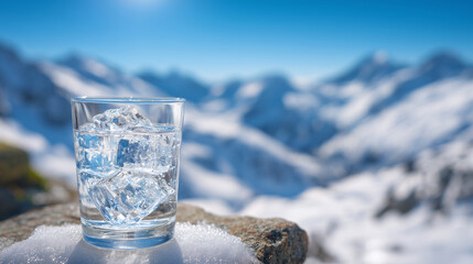 Close-up glass of water with ice cube resting on cold snowy ledge, towering peaks blurred in background, sharp lighting highlighting purity, composition with wide copy space sugges