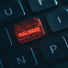 A close-up shot of the 'MALWARE' key on a laptop keyboard, with a menacing red glow emanating from the key, symbolizing cyber threats and data breaches.