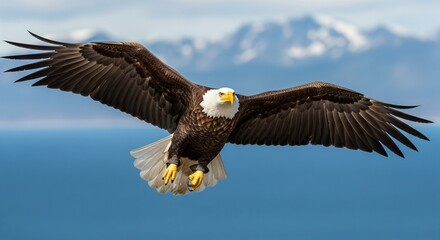 Naklejka premium Majestic bald eagle soaring over a calm blue ocean