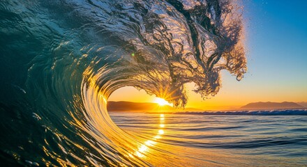 Golden sunset through a crashing ocean wave