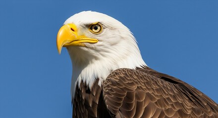 Obraz premium Majestic bald eagle with intense gaze against a clear blue sky