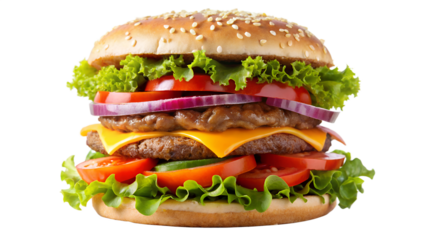 Classic double cheeseburger with fresh ingredients, isolated on transparent background, a mouthwatering delight for burger enthusiasts and fast food lovers