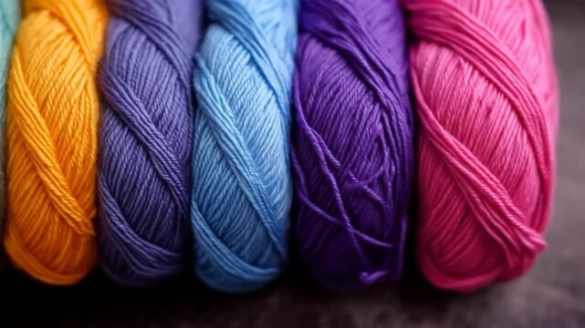 Colorful yarn skeins close up textile craft fiber still life