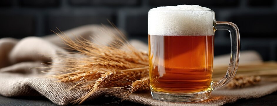 Refreshing craft beer served in a glass mug with barley on a rustic table - Powered by Adobe