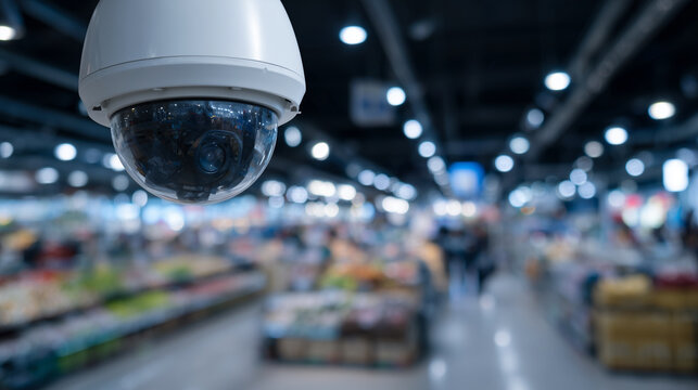 Close-up of dome security camera reflecting light, positioned above retail aisle, blurred shoppers and colorful merchandise creating depth in background