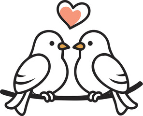 Romantic birds with heart outline icon, Minimalist lovebird couple illustration