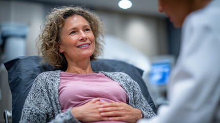 Female patient on medical bed with doctor performing abdominal check, wellness-focused healthcare environment with clean, modern design