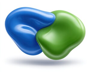 Two glossy, fluid forms in vibrant blue and green, merging smoothly against a pure white background.