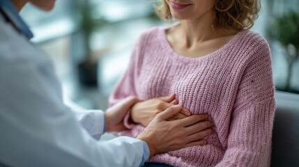 Healthcare professional examining patientâs stomach gently, warm daylight entering clinical space, sense of trust and wellness conveyed