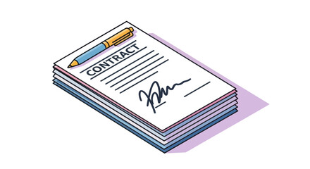 Stack of Signed Contracts with Pen on Top Ready.